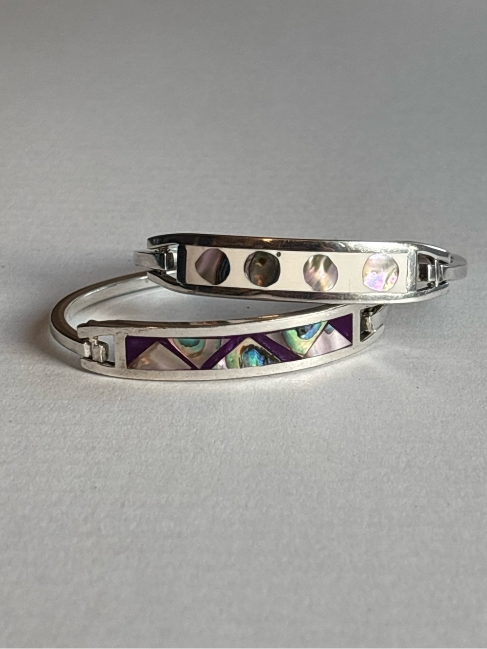 Vintage Mexican Silver Bangle Set | Mother of Pearl & Abalone Inlay Bracelets